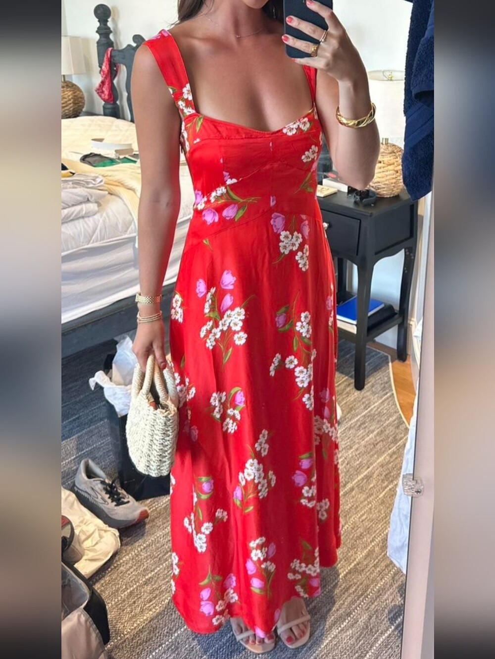 Red Floral Maxi Dress - Sleeveless Square Neck